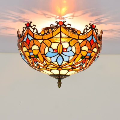 Vintage Tiffany Stained Glass Bowl Shape 2-Light Flush Mount Ceiling Light