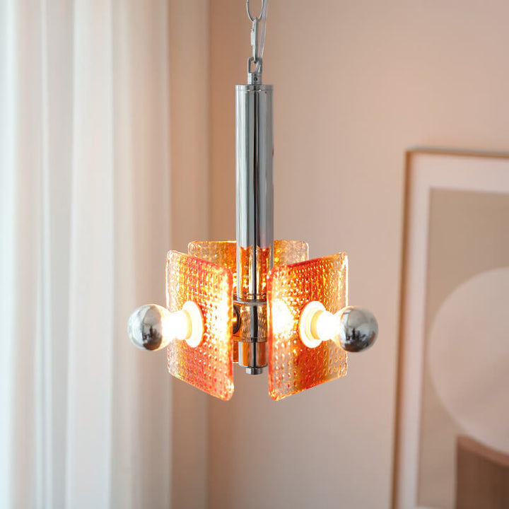 Traditioneller quadratischer 3-flammiger Kronleuchter aus karamellfarbenem Glas und Eisen im Vintage-Stil für das Wohnzimmer 