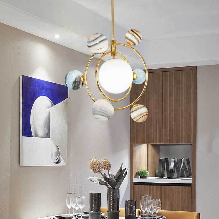 Modern Planet Round Glass 7-Light Chandelier