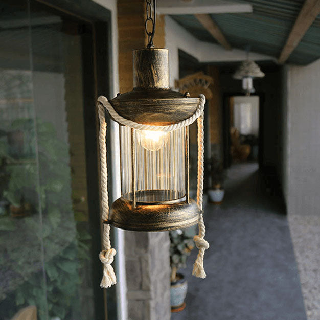 Vintage Hemp Rope Lantern Oil Lamp Iron Pendant Light