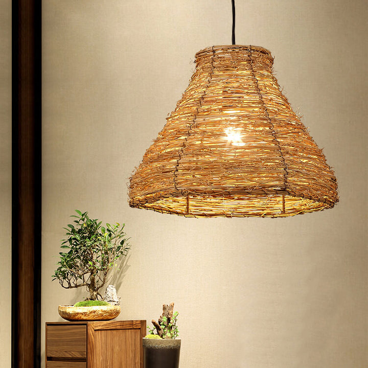 Suspension Luminaire à 1 Lumière en Rotin Rétro Tressé en Dôme 