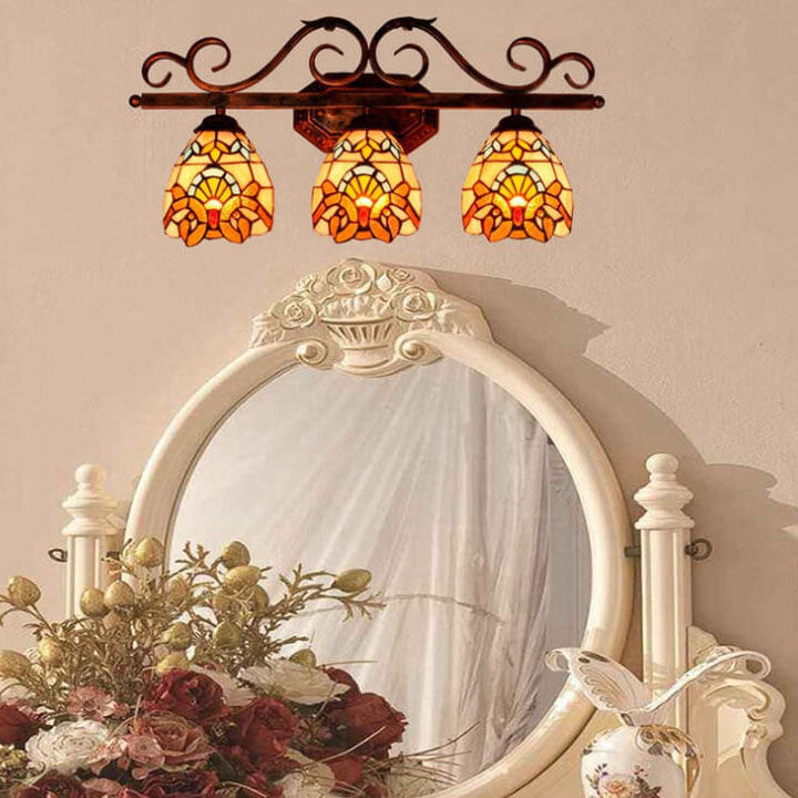 Vintage Tiffany Barock Buntglas 3-Licht Wandleuchte 