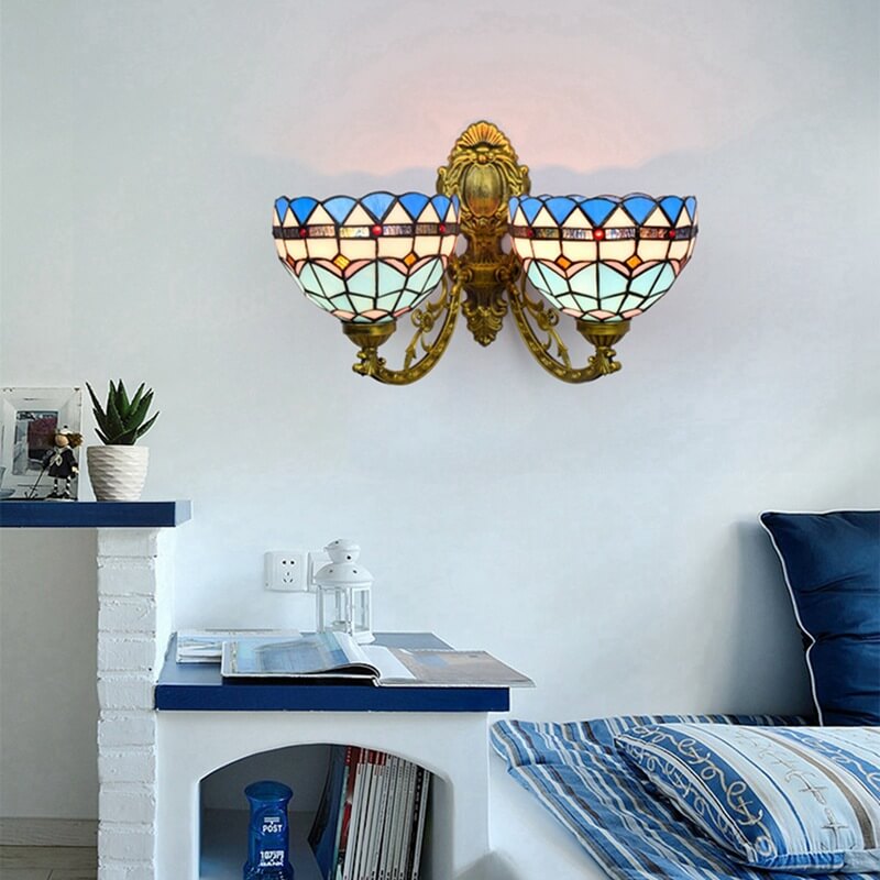 Tiffany Mediterrane Wandleuchte aus Buntglas mit 2 Leuchten 