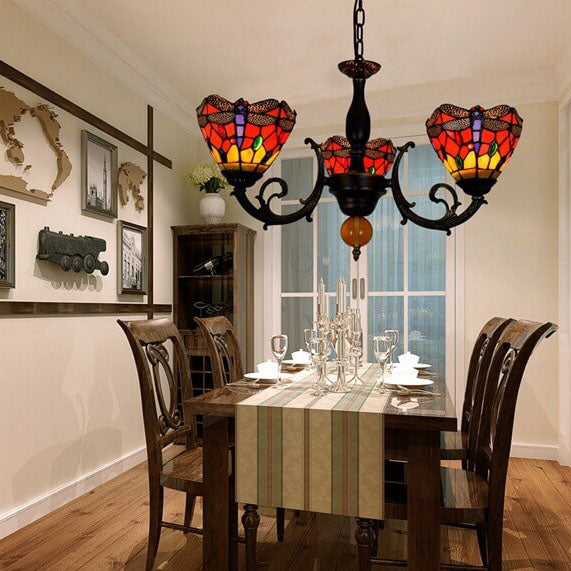 European Tiffany Red Dragonfly Stained Glass 3-Light Chandelier
