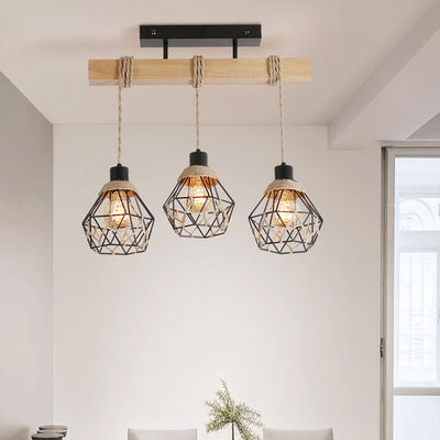 Vintage Industrial Hemp Rope Metal Cage 3-Light Chandelier Ceiling Light