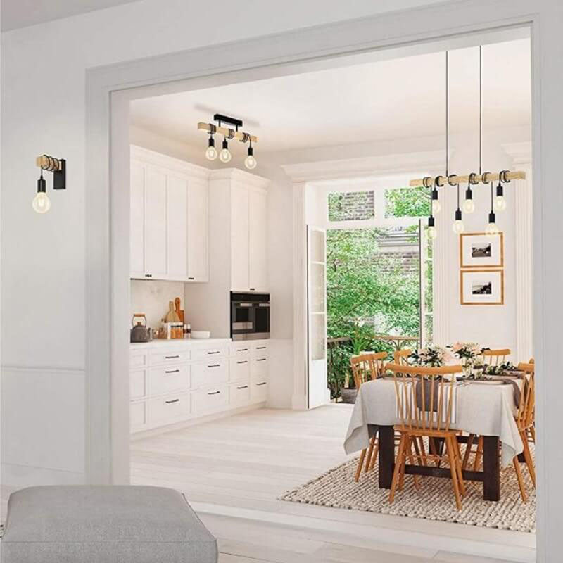 Industrial Vintage Wooden Linear 3-Light Semi-Flush Mount Ceiling Light