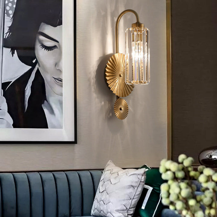 Applique murale moderne à 1 lumière avec colonne en cristal de luxe et base ronde 