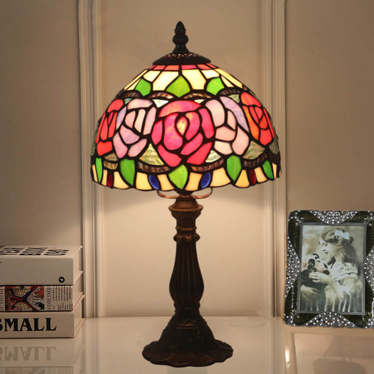 Lámpara de Mesa Retro Tiffany Flor de Rosa en Vidrio de Colores con 1 Luz 