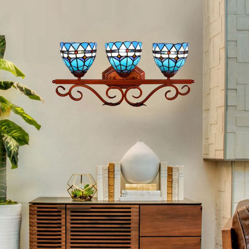 Tiffany Mittelmeerblaues Buntglas 3-Licht Wandlampe 