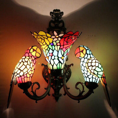 Tiffany Parrot Stained Glass 3-Light Wall Sconce Lamp