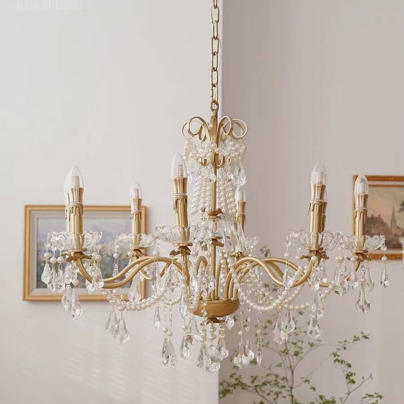 Modern Luxury Candelabra Pearl Crystal Brass 6/8 Light Chandelier