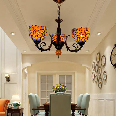 Tiffany Rustic Sunflower Stained Glass 3-Light Chandelier