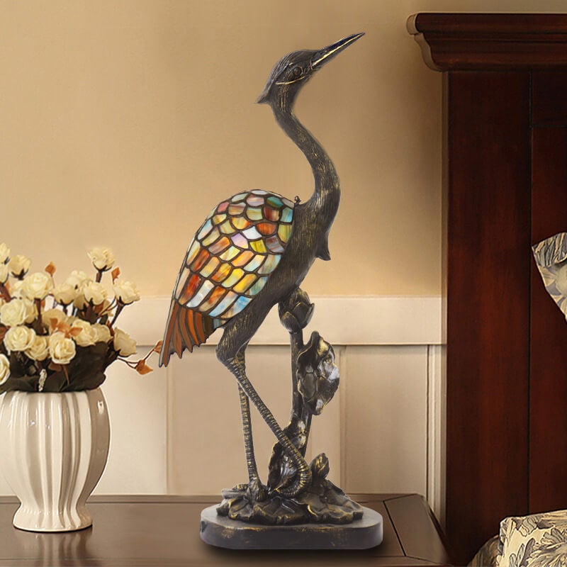 Vintage Tiffany Crane 1-Light Stained Glass Table Lamp