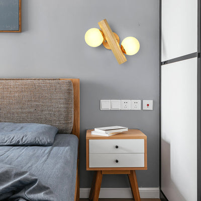 Modern Log Wood Double Glass Globe 2-Light Wall Sconce Lamp