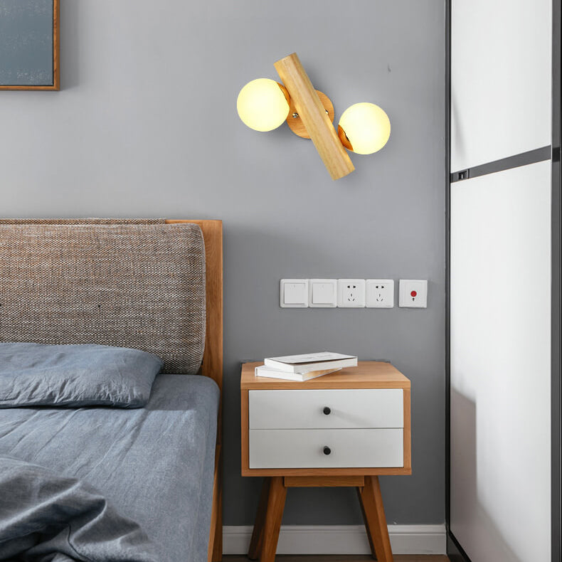 Modern Log Wood Double Glass Globe 2-Light Wall Sconce Lamp