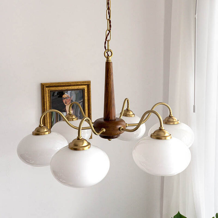 Vintage Walnut Glass Shade 4/6-Light Chandelier