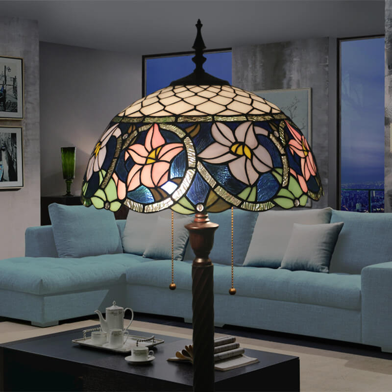 Vintage Tiffany Flower Blue Glass 2-Light Standing Floor Lamp