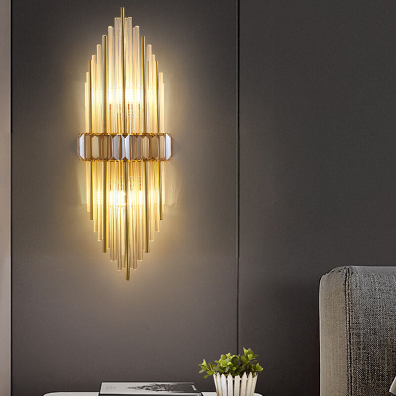 Moderne Wandleuchte mit zwei Lichtern aus Messing und Kristall, Röhrenform 