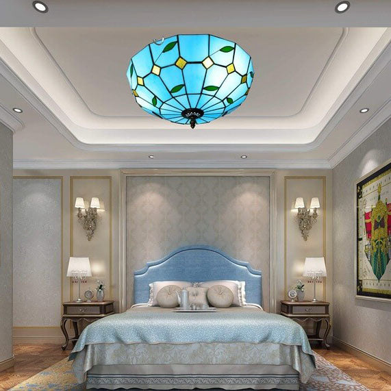 Luz de techo empotrada de 3 luces con vidrieras mediterráneas azul Tiffany 