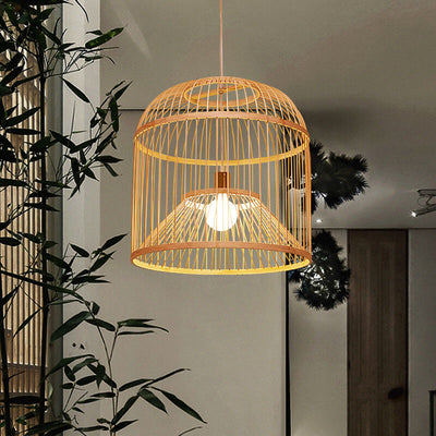 Moderne chinesische Bambusgeflecht-Vogelkäfig 1-Licht Pendelleuchte 