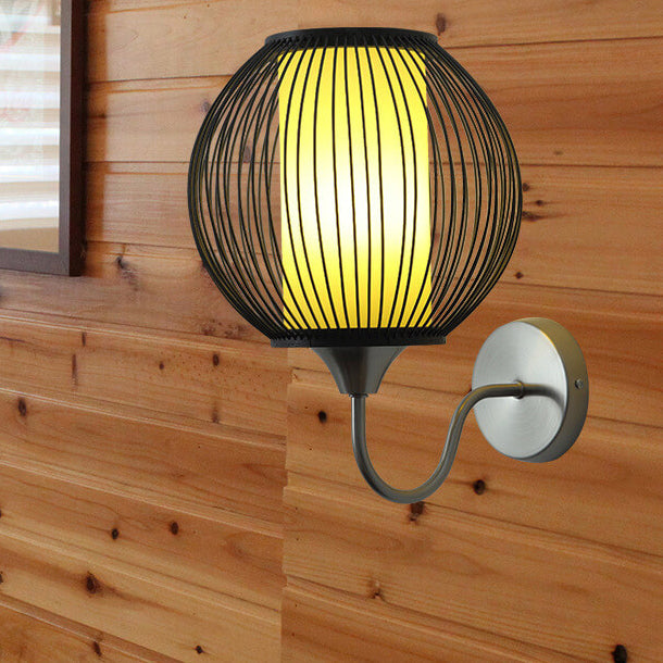 Bamboo Weaving Globe Shade Metal Curved Arm 1-Light Wall Sconce Lamp