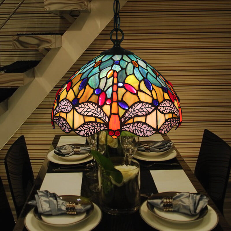 Lámpara colgante de 1 luz con pantalla de vidrio Tiffany Retro Dome Dragonfly 