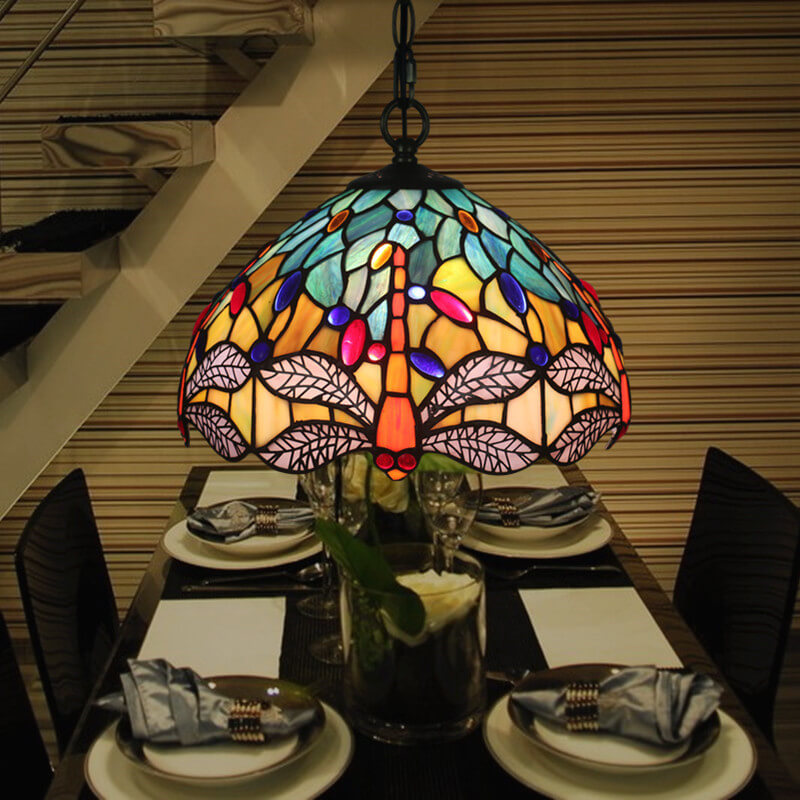 Tiffany Retro Dome Stained Glass Dragonfly 1-Light Pendant Light