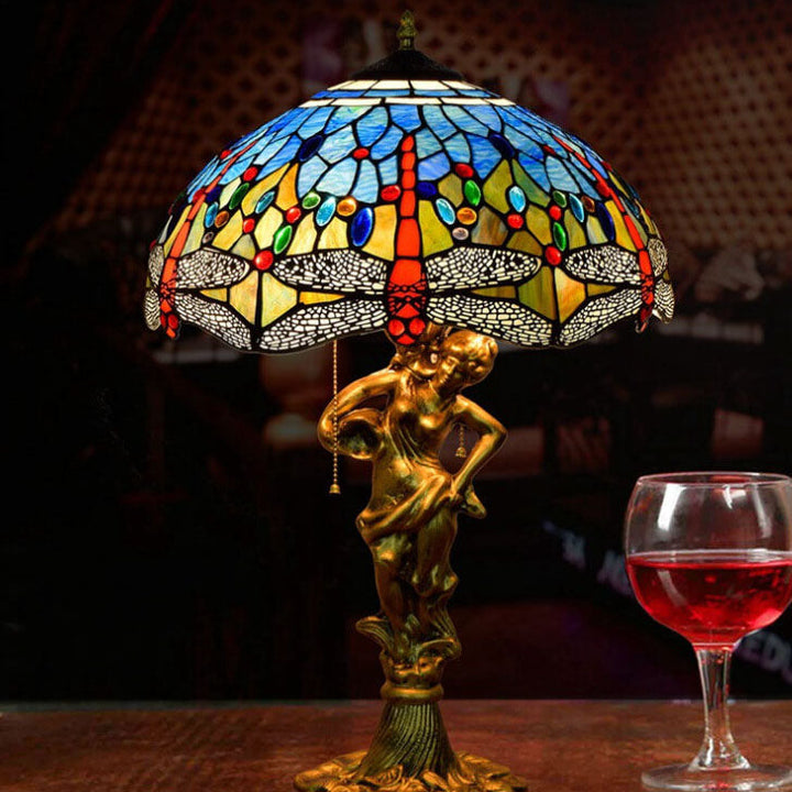 Lámpara de mesa con cremallera de 3 luces de vidrio Tiffany Mediterráneo Libélula 
