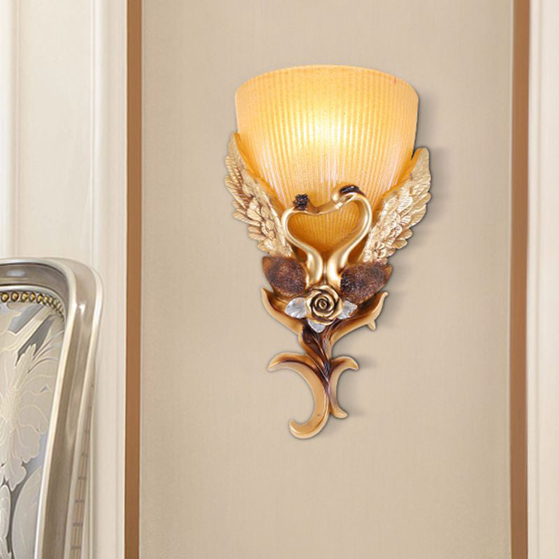 European Swan Carving Flared Glass Resin 1-Light Wall Sconce Lamp