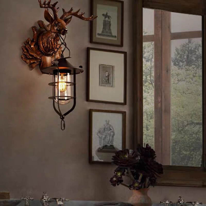 Applique Murale Rétro Tête de Cerf à Bois 1 Lumière 