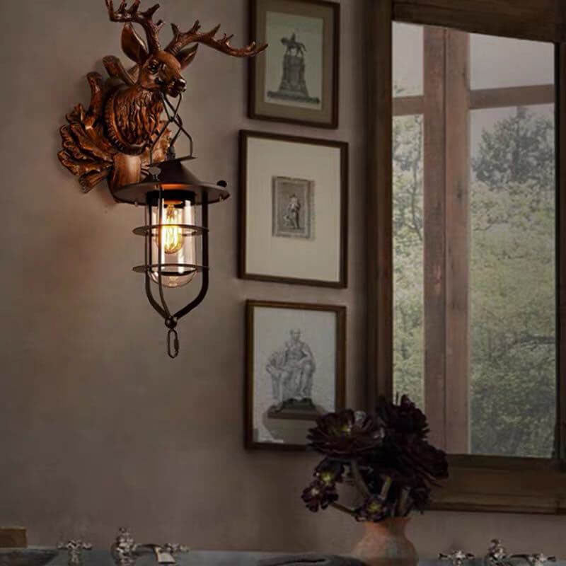 Retro Deer Head Antlers 1-Light Wall Sconce Lamp