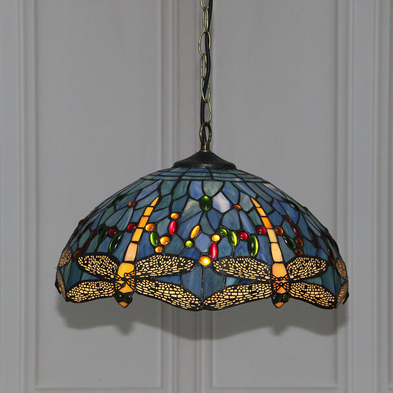 Tiffany Buntglas 1-Licht Libelle Dome Pendelleuchte 