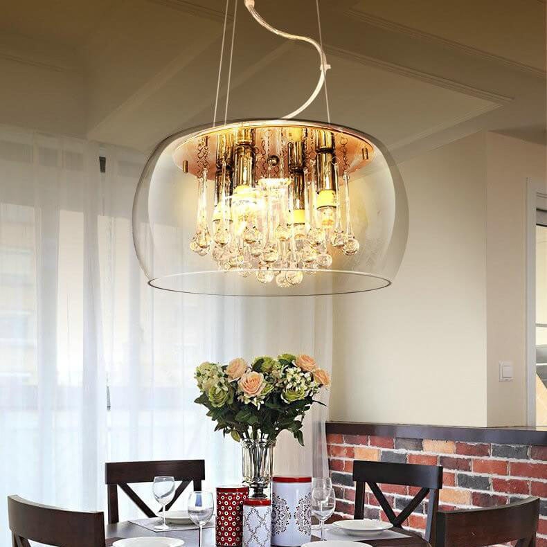 Modern Glass Shade Crystal Hanging 6-Light Chandelier