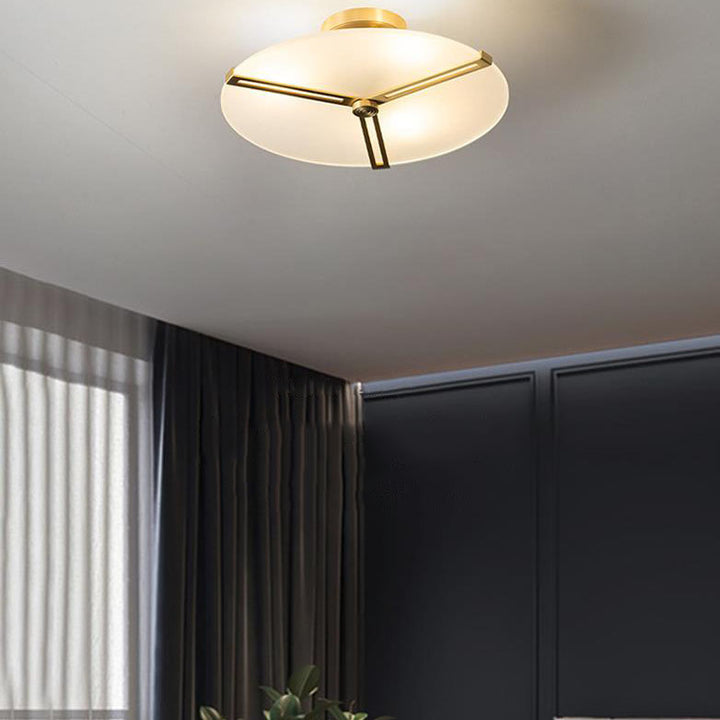 Modern Glass Flat Round Brass 3-Light Semi-Flush Mount Ceiling Light
