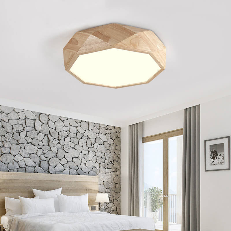 Modern Solid Wood Round Geometric LED Flush Mount Ceiling Light