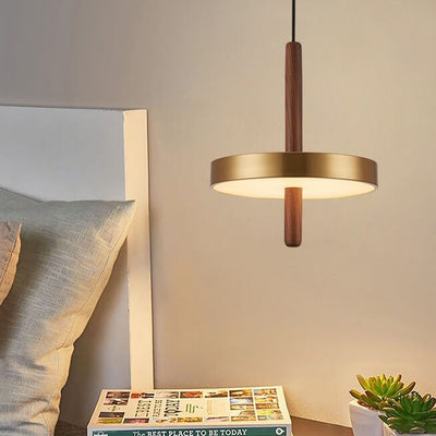 Vintage Walnut Flat Round Brass LED Pendant Light