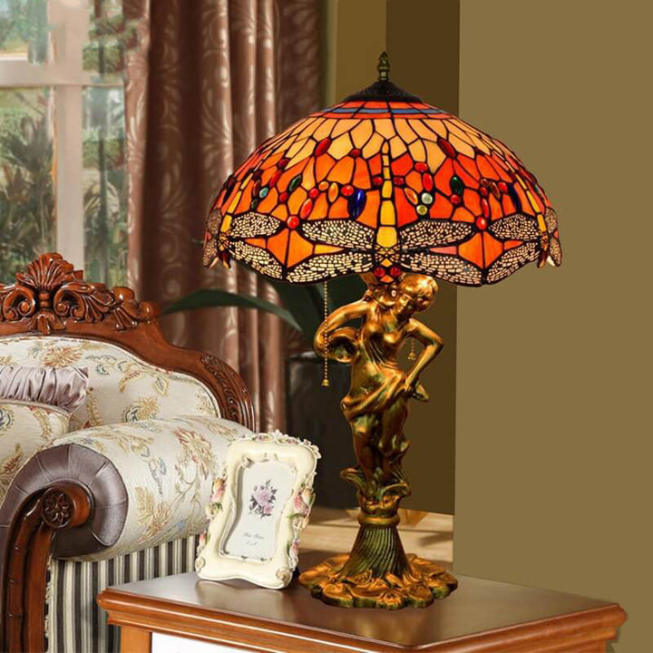 Lámpara de Mesa con Cremallera de 3 Luces de Vidrio Tiffany Libélula Roja 