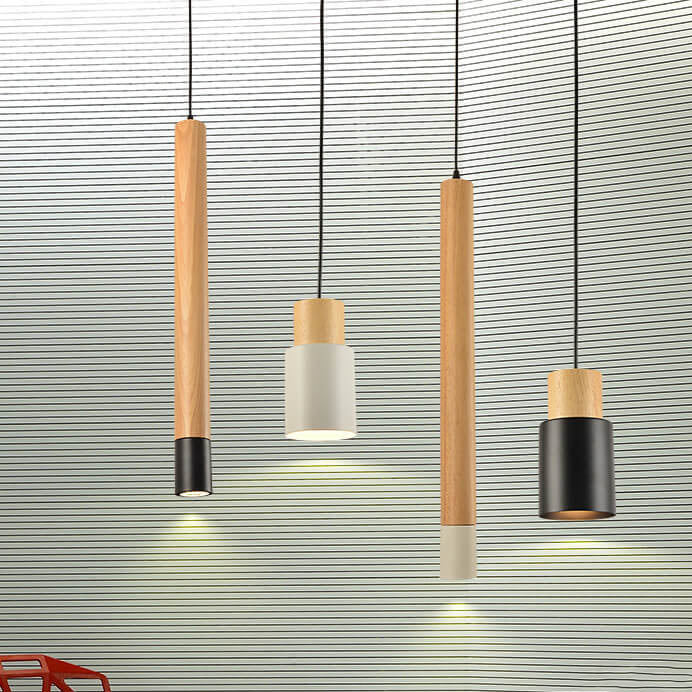 Lámpara colgante LED de 1 luz cilíndrica recta de madera maciza simple 