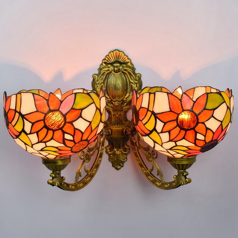 European Tiffany Sunflower Stained Glass 2-Light Wall Sconce Lamp