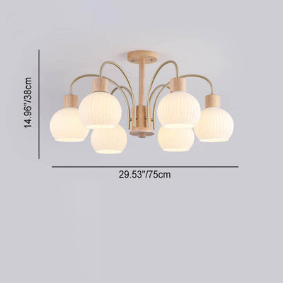 Modern Cream Round Lantern Iron Solid Wood Glass 6/8 Light Chandelier