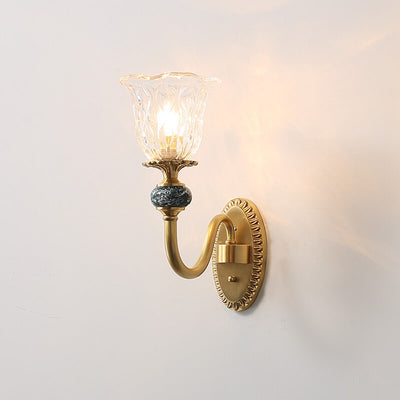 European Luxury Floral Glass Brass Curved Arm 1/2 Light Wall Sconce Lamp