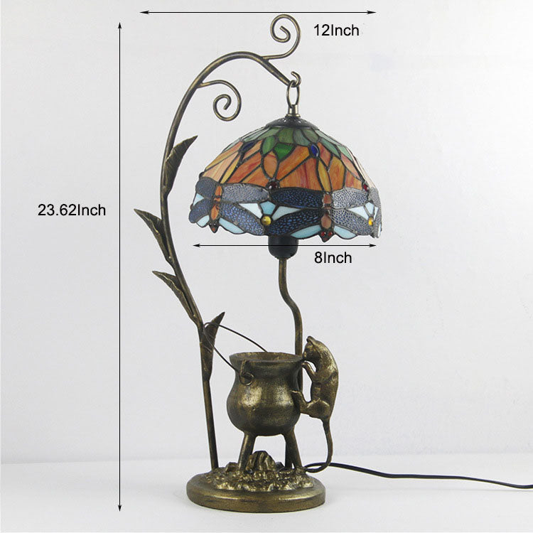 Lampe de table vintage à 1 lumière avec base de souris en vitrail Tiffany Dome 