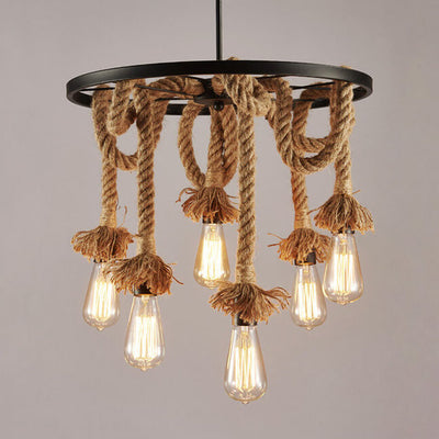 Retro Black Metal Wagon Wheel 3/6 Light Hemp Rope Chandeliers