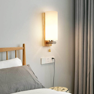 Nordic Wooden Glass Cylindrical 1-Light Wall Sconce Lamp