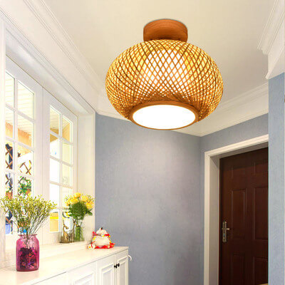 Modern Bamboo Weaving Dome 1-Light Semi-Flush Mount Ceiling Light