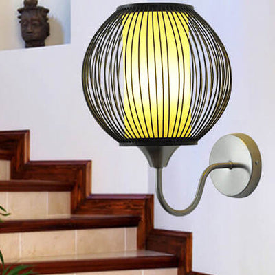 Bamboo Weaving Globe Shade Metal Curved Arm 1-Light Wall Sconce Lamp