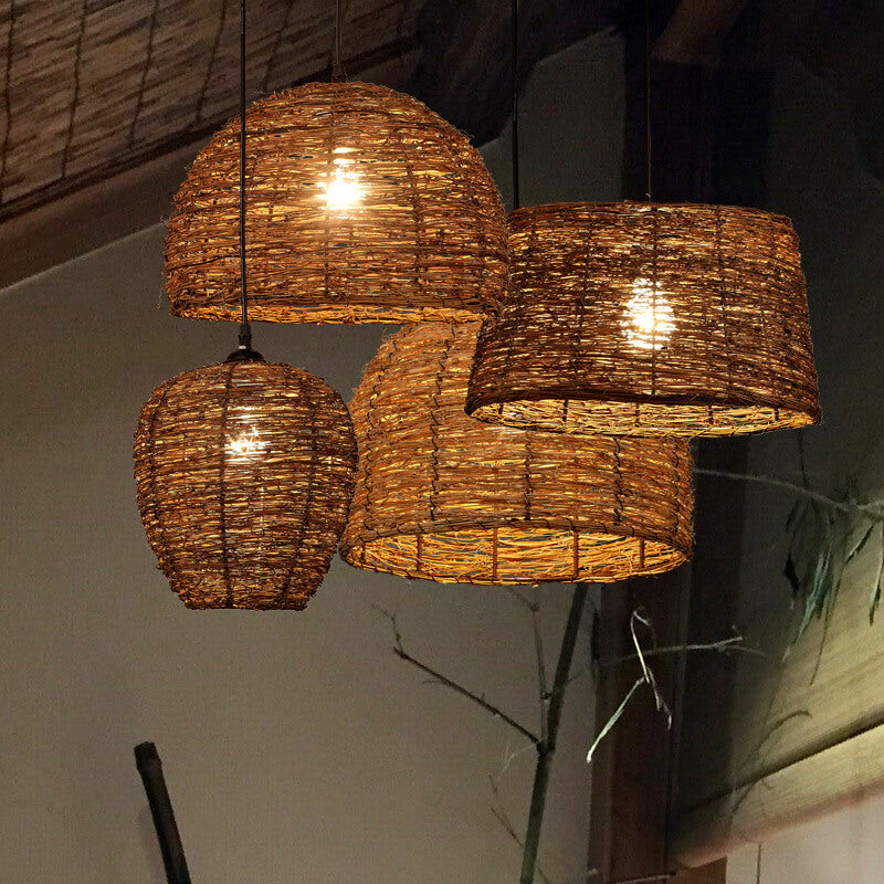 Suspension Luminaire à 1 Lumière en Rotin Rétro Tressé en Dôme 