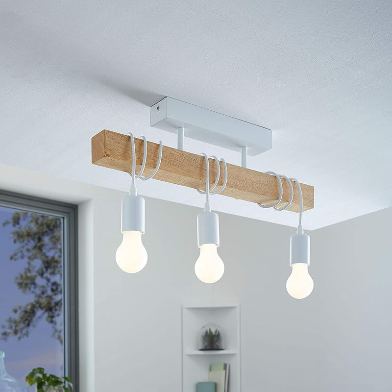 Industrielle lineare 3-Licht-Deckenleuchte aus Holz im Vintage-Stil 