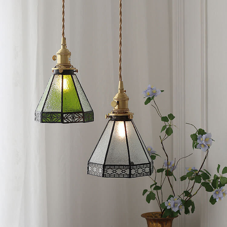 Vintage Mediterranean Glass Shade Brass 1-Light Pendant Light