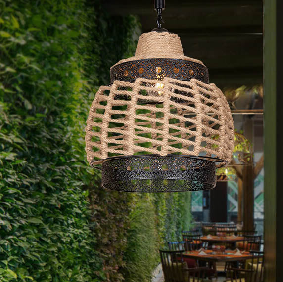 Industrial Hemp Rope Weaving Round 1-Light Pendant Light